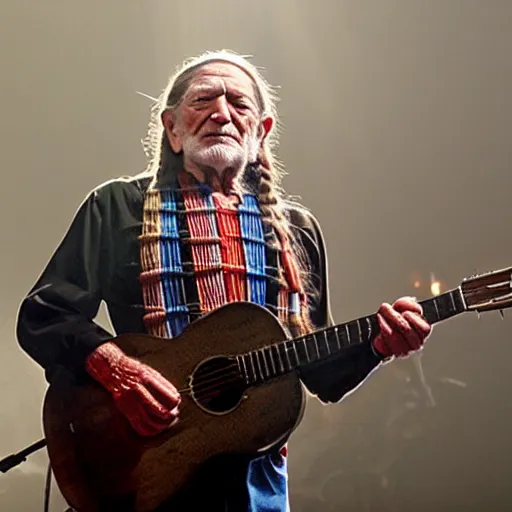 Prompt: willie nelson on stage, four fingers holdingguitar. god rays through fog.