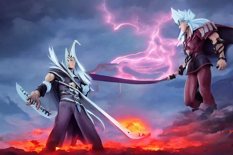 Prompt: jerma summons his stand to defeat Sephiroth in battle, the sky is burning, CGsociety, WLOP, matte painting concept art featured on artstation