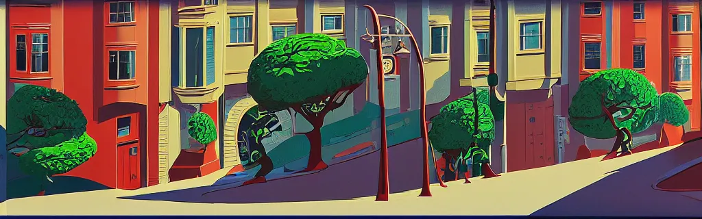 Image similar to san francisco sloped street, gouache, animated film, stylised, illustration, by eyvind earle, scott wills, genndy tartakovski, syd mead