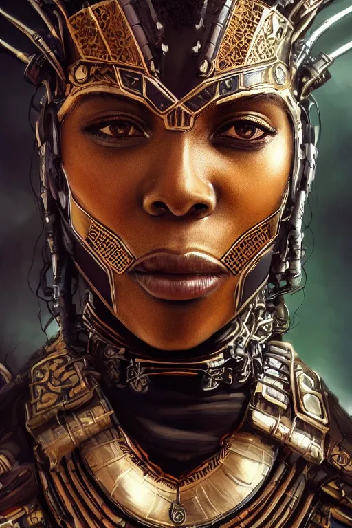 Image similar to closeup hd portrait, ultra realistic illustration, wakandan warrior in a steampunk style armor, hacknaut cyberpunk, sci - fi, fantasy, intricate, elegant, highly detailed, digital painting, artstation, concept art, smooth, sharp focus, illustration.