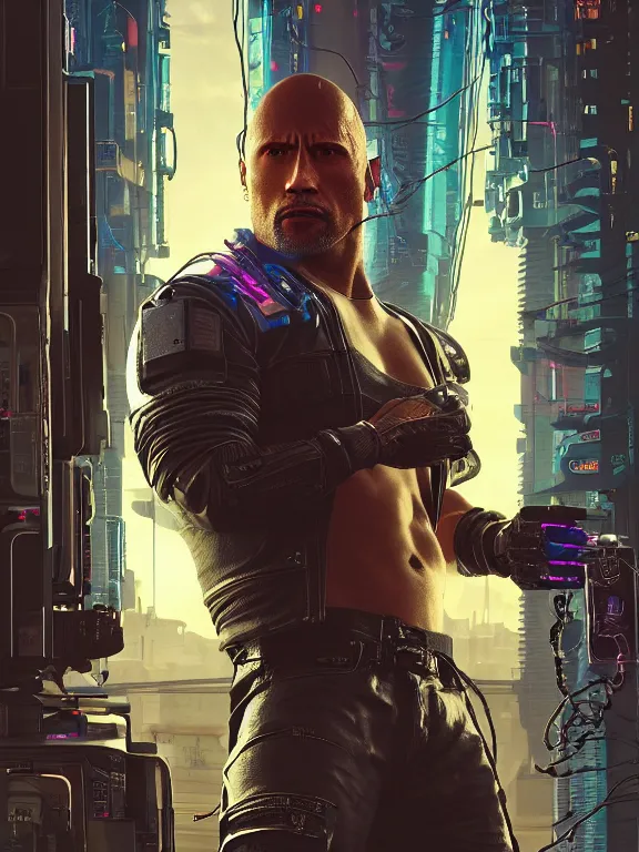 Image similar to a cyberpunk 2077 portrait of Dwayne Johnson carrying a female android complex mess of cables and wires behind them connected to giant computer, love,film lighting, by laurie greasley,Lawrence Alma-Tadema,William Morris,Dan Mumford, trending on atrstation, full of color, highly detailed,8K, octane, Digital painting,golden ratio,cinematic lighting