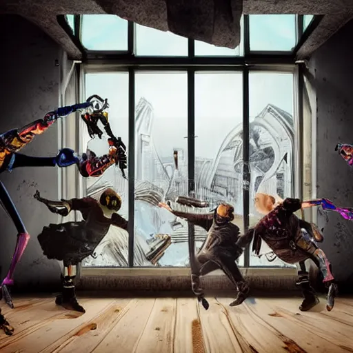 Image similar to group of cyborgs dancing in a 1 8 th century room in the sky, in different depth, one cyborg eating snacks close to camera, large windows, modern city outside of big windows, daytime, happy, cables everywhere, cables on walls, detailed, wooden parquet, old furniture, childrens book illustration