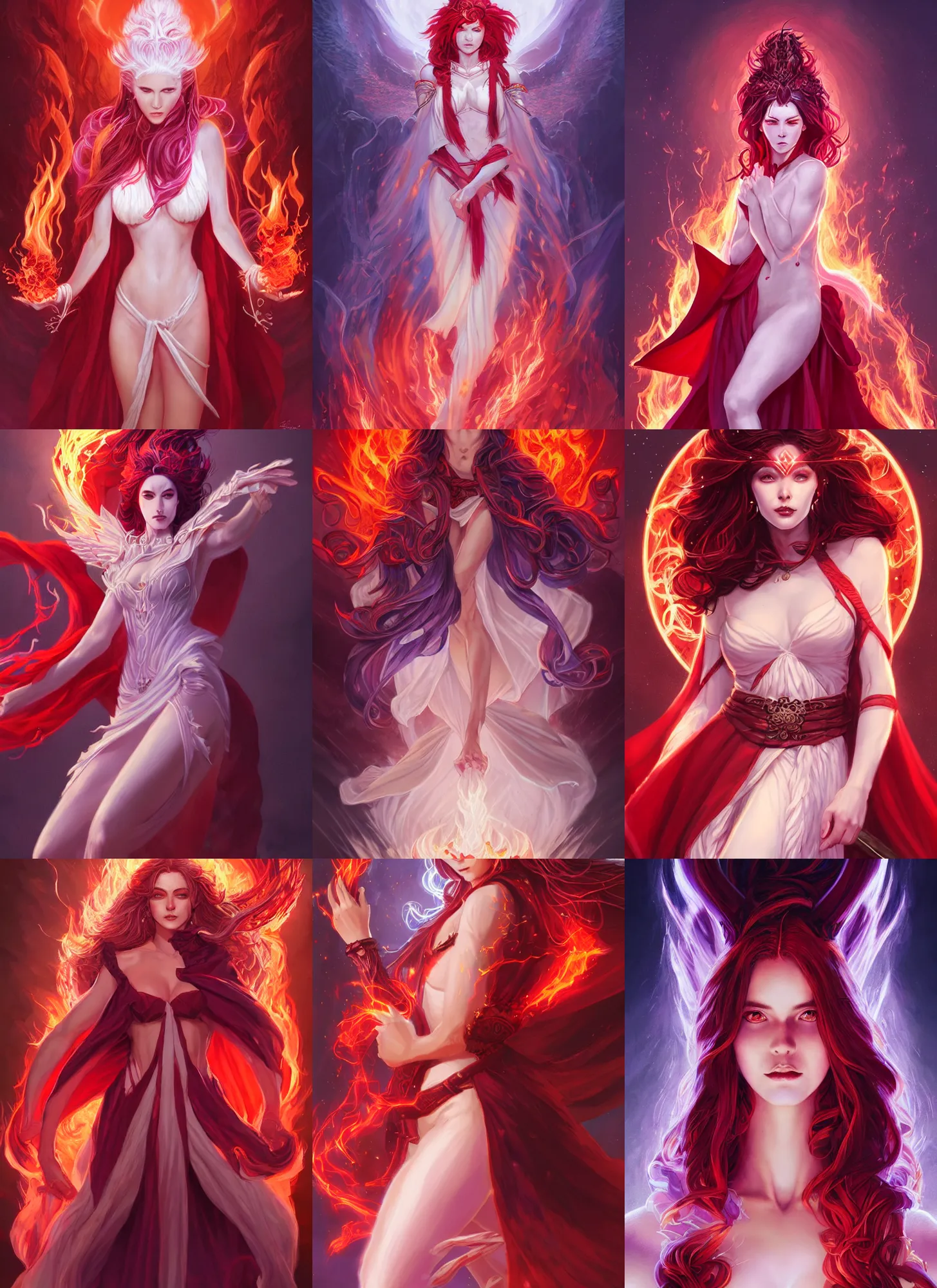 Prompt: full body portrait of the goddess of fire and thunder, robes, red and white, beautiful, violet hair, glowing eyes, stunning, high fantasy, extremely detailed, smooth, sharp focus, digital illustration, by rossdraws, frank fanzzeta, sakimichan