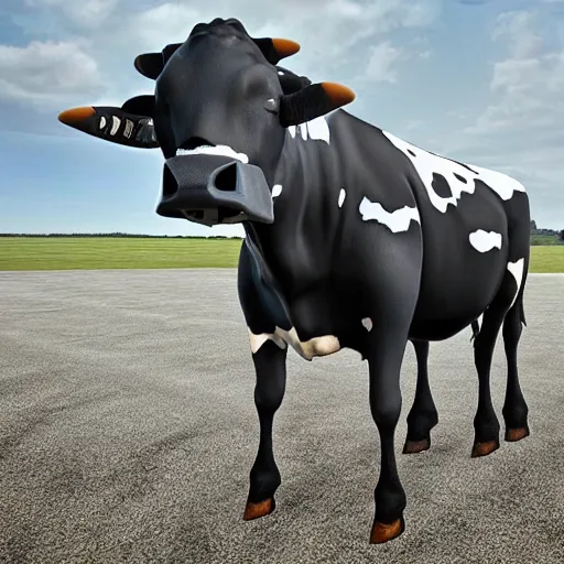 Image similar to a highly detailed ultra realistic photograph of a cow dressed in a fighter jet jumpsuit and mask