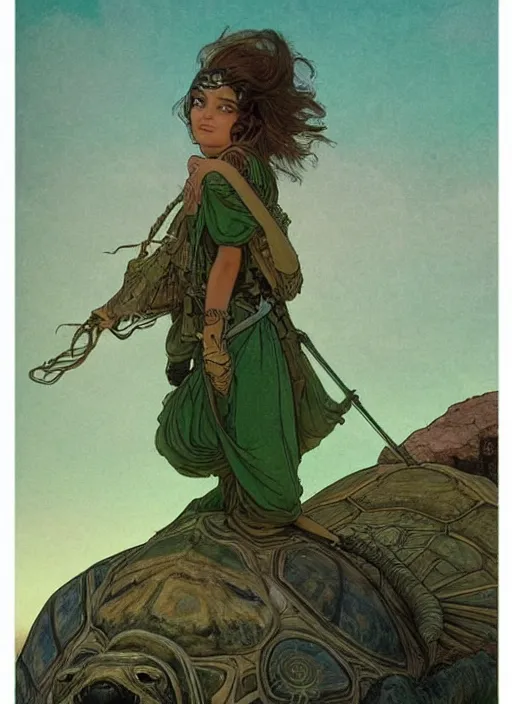 Prompt: a little warrior girl standing on top of one giant turtle in the desert. the girl has dark skin and beautiful green eyes, realistic body and a very beautiful detailed symmetrical face with long black hair. diffuse light, dramatic landscape, fantasy illustration by mucha