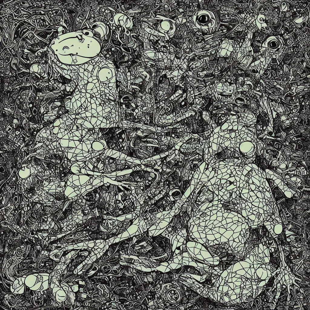 Prompt: toad head, ryuta ueda artwork, breakcore, technical, abstract, ripping, computers, vectors, gloom, dimensions, tears, subtle glitches, frogs, amphibians, geometry, data, minimal, code, cybernetic, album cover, dark, eerie, cyber