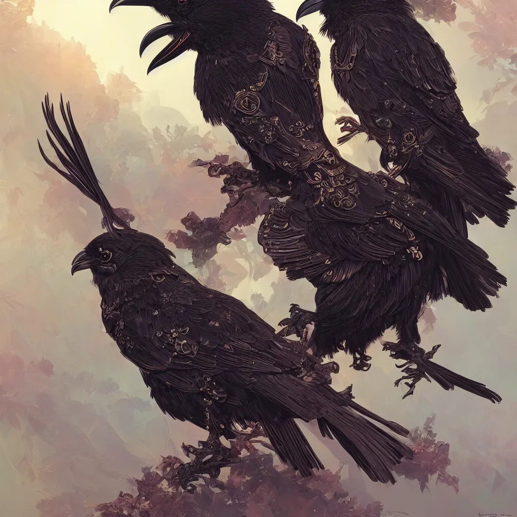 Image similar to beautiful black raven bird with ornate armor, cute, intricate, highly detailed, digital painting, trending on artstation, concept art, smooth, sharp focus, backlit, rim light, vivid colors, illustration, unreal engine 5, 8 k, art by rossdraws and alphonse mucha