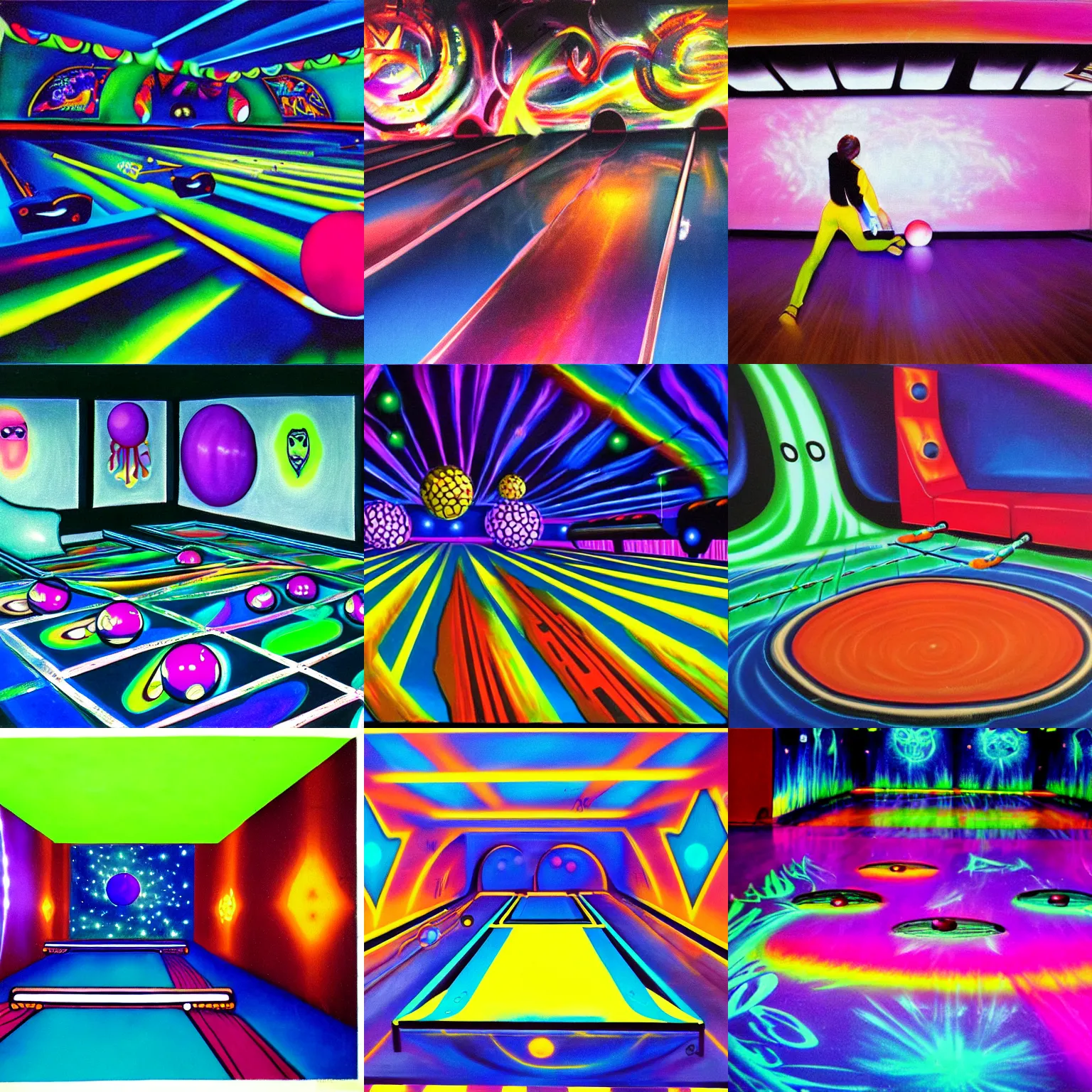 Prompt: a liminal space vibrant blacklight bowling alley, airbrush painting, 1990s