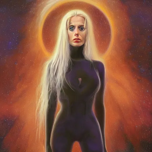 Image similar to pleiadian woman with big eyes and long silver hair wearing a dark body suit and wielding a plasma gun as a realistic sci fi character, portrait art by donato giancola and greg rutkowski, digital art, trending on artstation, standing in a barren field