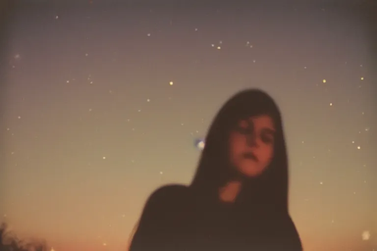 Prompt: blured shadow of sleepy young woman on white light, focused background blue night sky with stars, polaroid photo