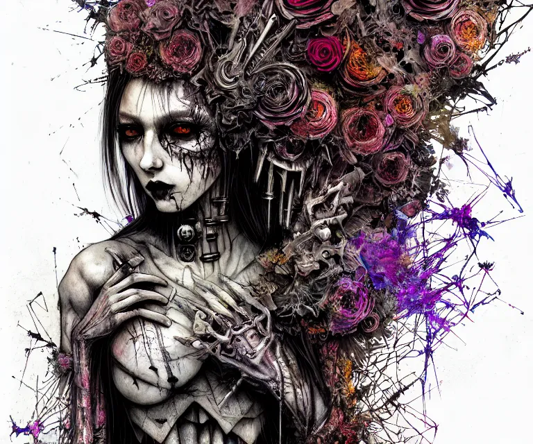 Image similar to gothic mute hybrid cyborg warrior girl of flowers, cybor clothes shaping love!, freedom fighter, eerie, cinematic, epic, 8 k, ultra realistic,. | a psychedelic, illustration by albrecht durer, concept art in style of carne griffiths artwork by xsullo. | backround of beautiful floweres floatingby elson, peter kemp, peter