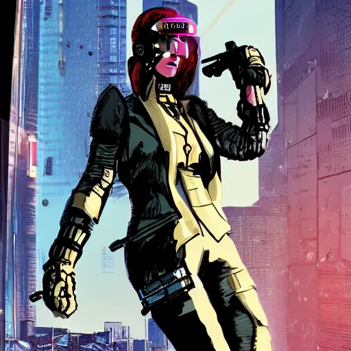 Prompt: cyberpunk military mafia woman with cybernetic arm, Rafael Albuquerque