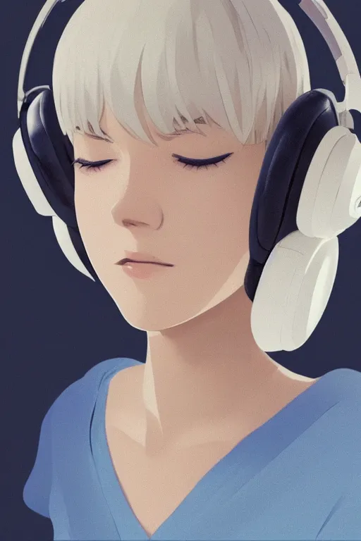 Prompt: a cute young woman with white bob cut hair listening to music and wearing headphones by Ilya Kuvshinov and Range Murata, eyes closed, blue filter, blue and white, soft lighting, atmospheric, cinematic atmosphere, moody, Krenz Cushart, digital painting, 8k