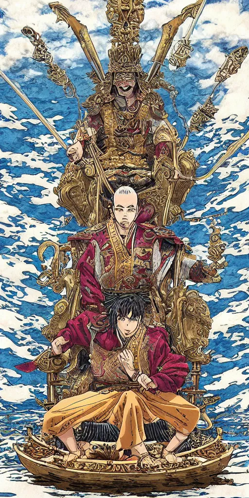 Image similar to a lone emperor sitting on a throne floating on water in the middle of a lake drawn by Makoto Yukimura in the style of Vinland saga anime, full color, detailed, psychedelic, Authority