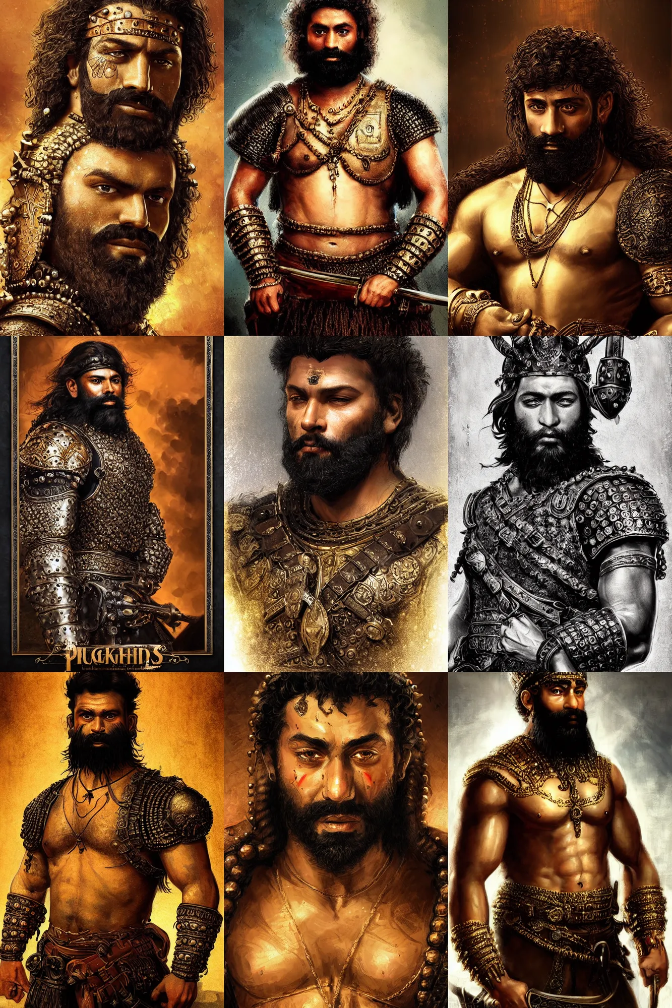Prompt: portrait of a young rugged young man, thick black beard, big muscles, intricate bronze armour decorated with with gems. cinematic lighting, highly detailed, full body shot. Many scars. Movie poster. In the style of Rembrandt. In the style of Bollywood. In the style of Frank Frazetta. In the style of Artgerm.