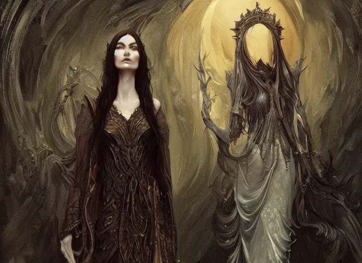 Image similar to beautiful elvish witch, full body, high fashion, fantasy, fantastical, intricate, elegant, highly detailed, digital painting, art station, concept art, smooth, sharp focus, oil painting, art by caravaggio and greg rutkowski and klimt