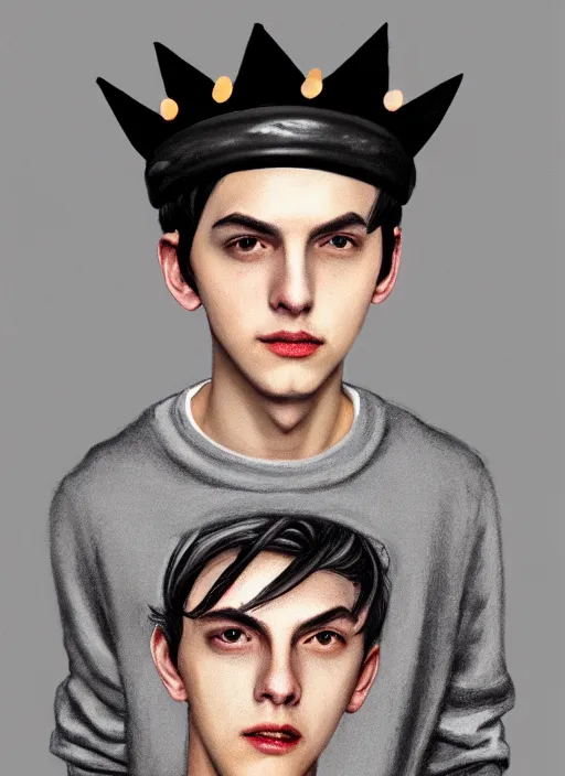 Image similar to portrait of teenage jughead jones wearing a light grey crown, photorealistic, crown, eyes closed, crown, black hair, sweater with letter s on it, letter s, intricate, elegant, glowing lights, highly detailed, digital painting, artstation, concept art, smooth, sharp focus, illustration, art by wlop, mars ravelo and greg rutkowski