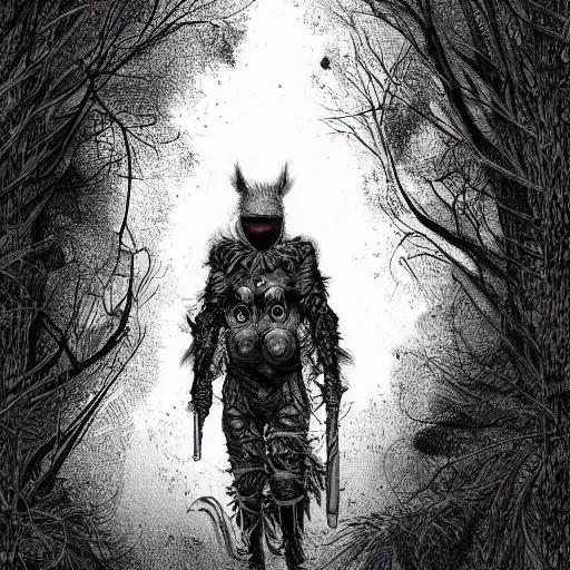 Image similar to hyper-detailed digital painting of a masked man in a dark forest, by kim jung gi