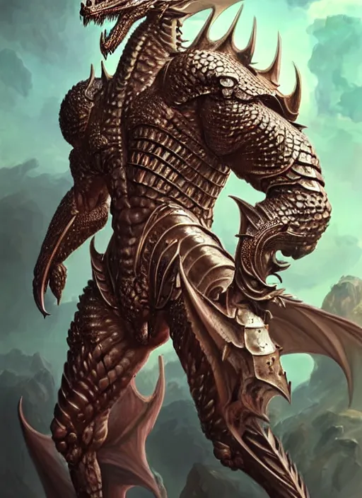 Image similar to muscular and tall humanoid dragon!!!! draconian!! intricate ornate iridescent heavy armor!! character concept art, sharp focus, octane render! unreal engine 5! highly rendered!! trending on artstation!! detailed linework!! illustration by artgerm, wlop, and chie yoshii