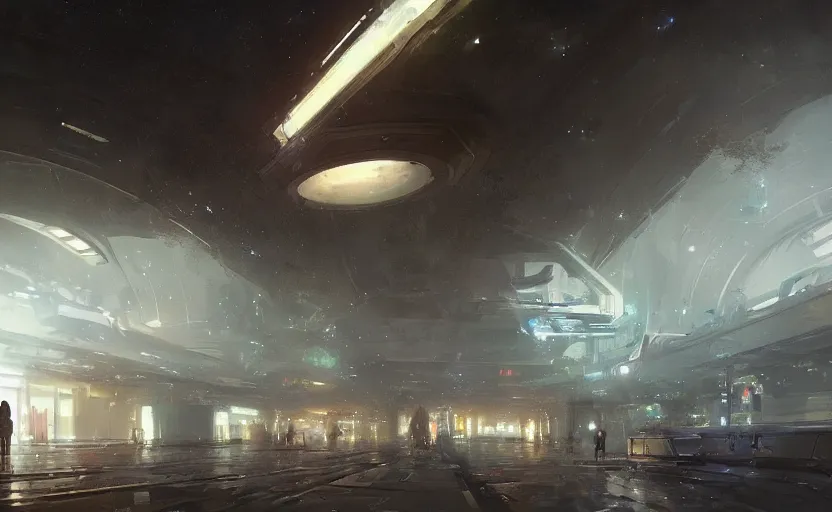 Prompt: painting of a Metro station in the middle of space galaxy by greg rutkowski and Craig Mullins, Dark atmospheric and cinematic lighting