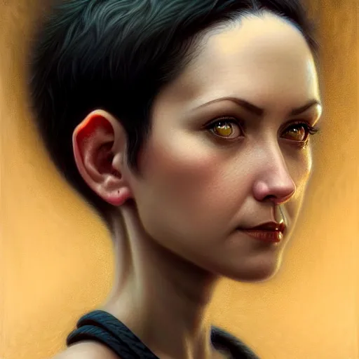 Image similar to portrait of a beautiful cute strong charming realistic female gnome engineer, short pixie undercut black hair, d & d, micro detail, intricate, elegant, highly detailed, centered, rule of thirds, artstation, sharp focus, illustration, artgerm, tomasz alen kopera, donato giancola, wlop