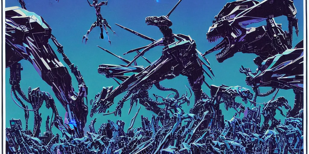 Image similar to risograph rendition of extremely - detailed black gigantic evangelion - like dinosaur mecha with a lot of blue children heads on it, ominous, intricate complexity, dramatic, epic composition, atmospheric, painting by moebius