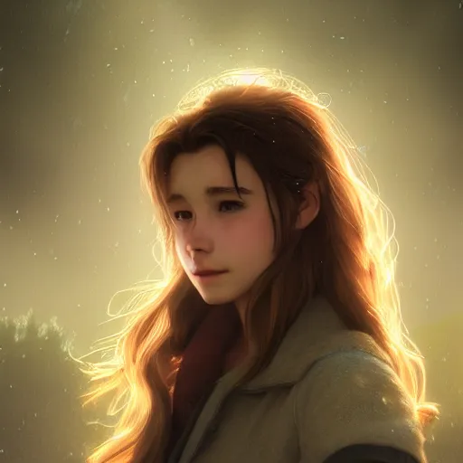 Image similar to beautiful aerith gainsborough, face centered portrait, confident, fog, rain, volumetric lighting, beautiful, golden hour, sharp focus, ultra detailed, cgsociety by leesha hannigan, ross tran, thierry doizon, kai carpenter, ignacio fernandez rios