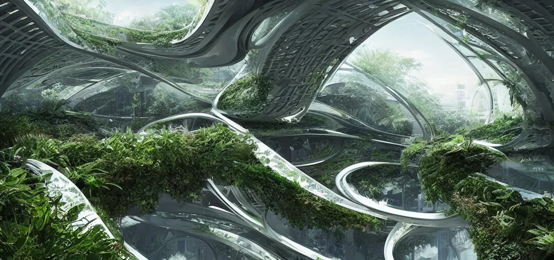 Image similar to a futuristic solarpunk garden, designed by zaha hadid, sci - fi, digital art by paul chadeisson