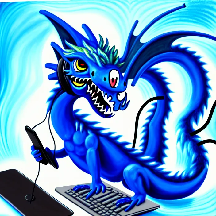 Image similar to a photorealistic painting of an anthropomorphic blue dragon wearing headphones, laptop, oil on canvas, furry, soft lighting