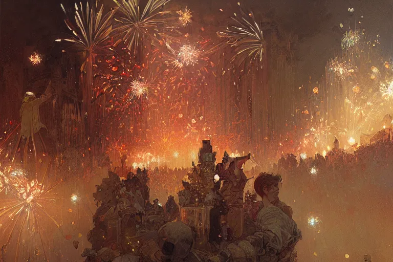 Image similar to a beautiful realistic painting of a firework festival, intricate, elegant, highly detailed, digital painting, artstation, concept art, by krenzcushart, artem demura, alphonse mucha