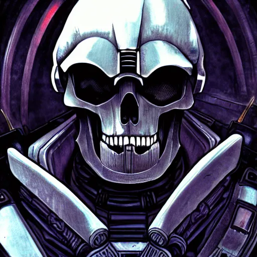 Prompt: close up portrait of a violent 40th century Space Pirate, most wanted warhammer 40k criminal, wolf skull helmet, futuristic data traveler, Ghost in the shell, Akira, cyberpunk vilain, Blade Runner