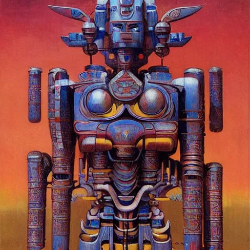 Prompt: elaborate mayan art deco mecha by j. c. leyendecker, bosch, and beksinski