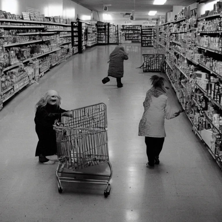 Prompt: elderly goblin women in abandoned grocery store aisle rushes towards you after you tell her no worries, 50mm film, flash photography