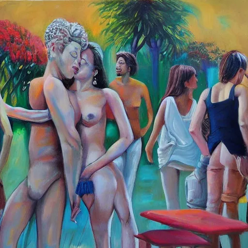 Prompt: social encounters, depictions of the scene and free love hangs - al fresco, modern painting, sensuous, highly detailed