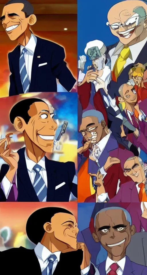 Image similar to barrack obama anime in the style of jojo's bizarre adventure david productions