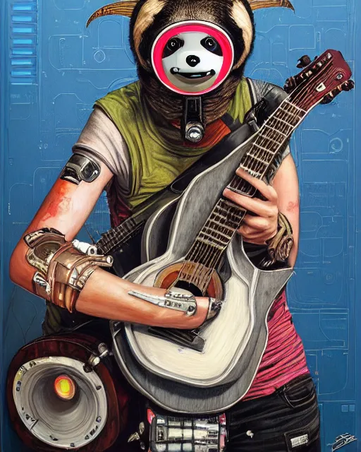 Prompt: a portrait of an anthropomorphic cyberpunk sloth strumming an acoustic guitar by sandra chevrier, by jon foster, detailed render, tape deck, epic composition, cybernetics, 4 k realistic, cryengine, realistic shaded lighting, sharp focus, masterpiece, by enki bilal