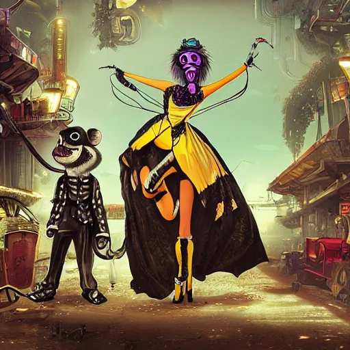 Image similar to Monkey in a Victorian era cyber punk dress dancing in a landfill with a vampire racoon and a goth fairy frog, hyper realistic, cgsociety,
