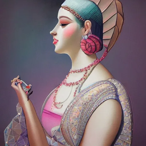 Image similar to “a painting of a beautiful female figure adorned with a dress created by calligraphic flourishes, ambient occlusion, ultra detailed, soft facial features, geometric array of shapes fading into the background, shallow depth of field, bokeh, gradient subtle shadows, monochromatic color scheme, pops of color, pastel tones, hd”