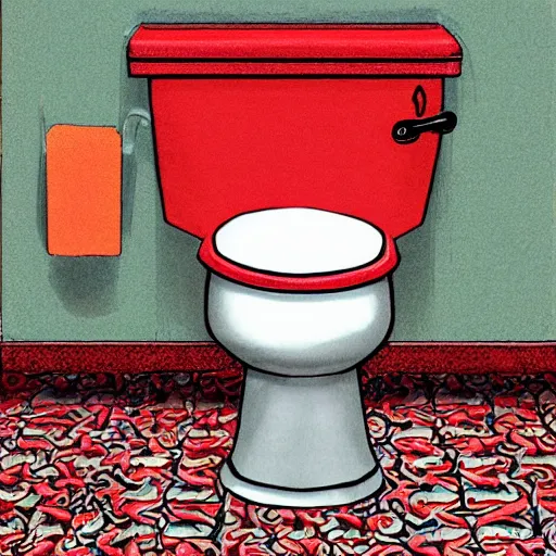 Prompt: a golden toilet with red flowers embossed into the material, the toilet is shiny, junji ito, varying locations, varying angles, color restoration