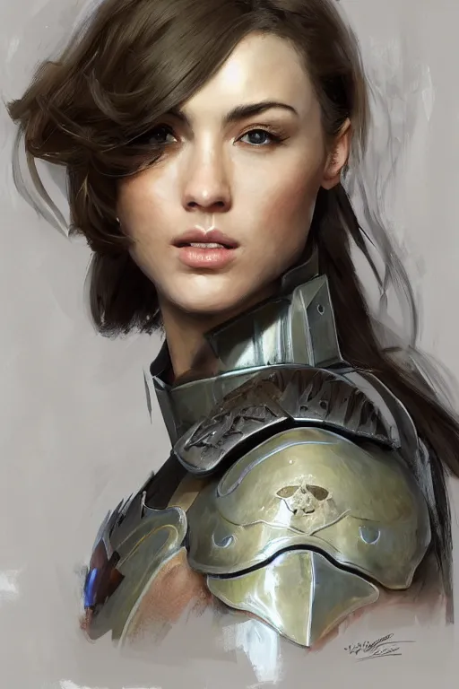 Image similar to a professionally painted portrait of an attractive young woman, clothed in military armor, olive skin, long dark hair, beautiful bone structure, symmetrical facial features, intricate, elegant, digital painting, trending on Artstation, concept art, smooth, sharp focus, illustration, from Metal Gear by Ruan Jia and Mandy Jurgens and Artgerm and William-Adolphe Bouguerea, award winning