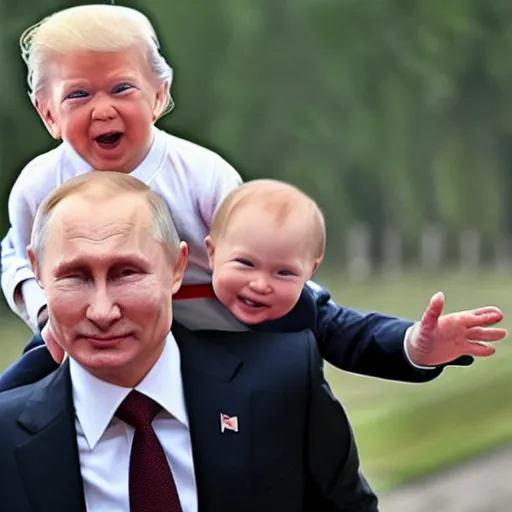 Image similar to Putin giving baby trump a piggyback ride, baby trump has a full trump haircut