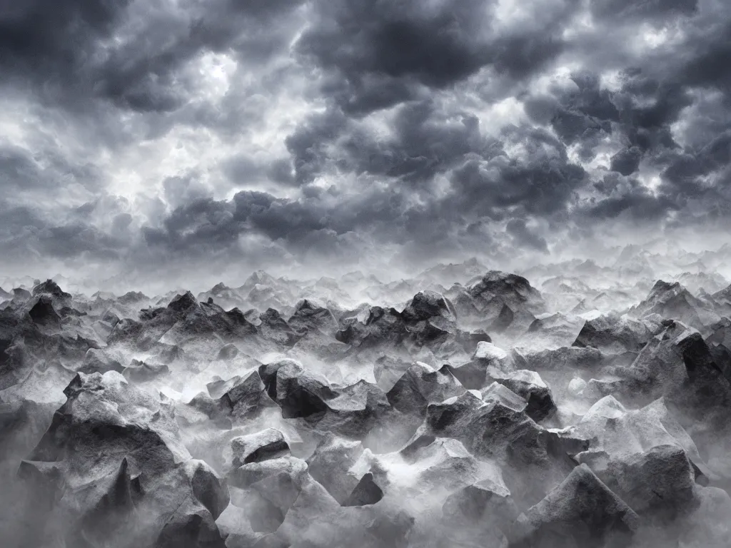 Prompt: photo of a origami rocky hill, in the middle of a storm. realistic origami clouds. impressive, magical, very atmospheric, cinematic, stunning, masterpiece, romantic, trending in artstation, very detailed. 4 k