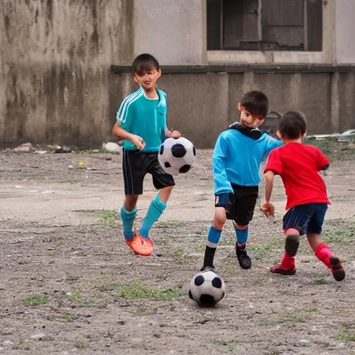 Prompt: kids playing soccer in abandoned city