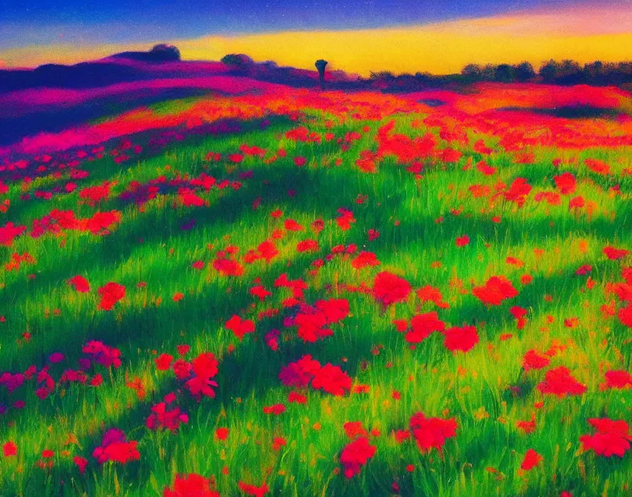 Prompt: a beautiful meadow full of colorful flowers, the sky is the galaxy, very aesthetic, detailed, cinematic lighting, in the style of edward hopper,