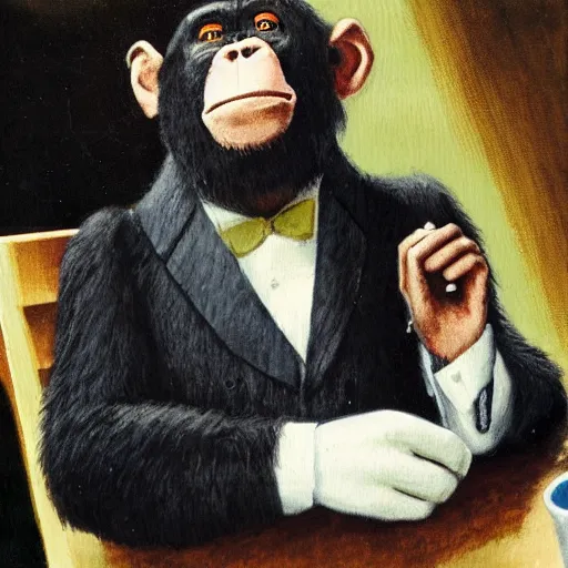 Image similar to a high detail photo of an antropomorphic chimp wearing a suit smoking a cigarrette, subject= chimp, subject detail: wearing a suit, subject action: smoking a cigarrette photorealism