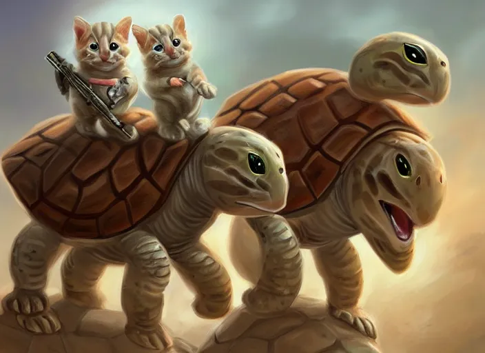 Prompt: white soldier kittens riding turtles going into battle, cute, digital oil painting, trending on artstation