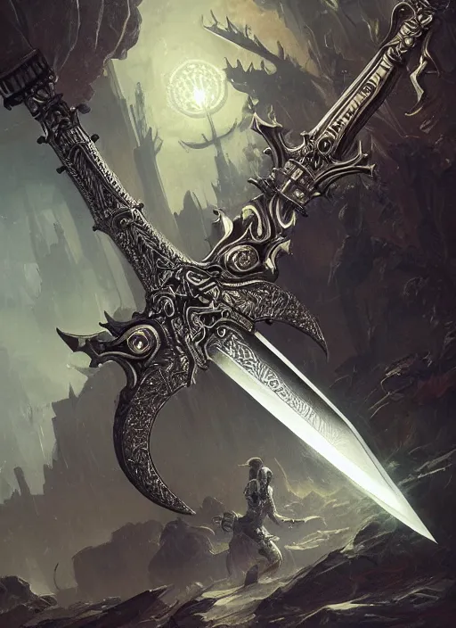 Image similar to legendary sword of technology, intricate black and iridescent blade, ornate gothic baroque spikes, glowing handle, detailed realistic, ray tracing, colored gems, art by greg rutkowski