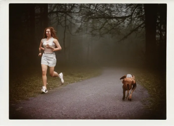 Image similar to medium shot, a young woman running towards the camera, a demon hound is chasing her, woods, polaroid photo, vintage, neutral colors, by gregory crewdson