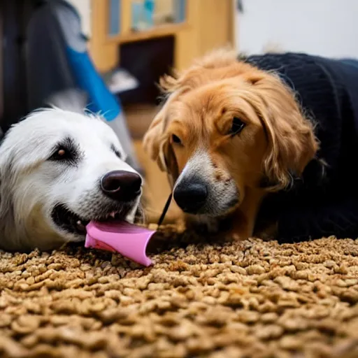 Prompt: dog with human legs eating wheat treats