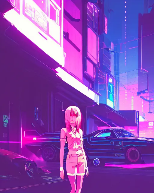 Image similar to digital illustration of cyberpunk pretty girl with pink hair, standing by a blue ford gt in a street at night, under streetlights, by makoto shinkai, ilya kuvshinov, lois van baarle, rossdraws, basquiat